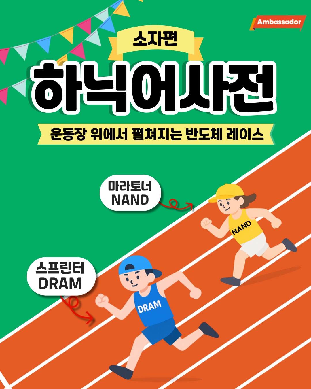 스프린터 DRAM, 🏃‍♀️ 마라토너 NAND 
둘 다 같은 결승선을 향해 달리는 ‘메모리 소자’입니다! 

DRAM은 ‘순간의 속도’를, NAND는 ‘시간의 기억’을 책임집니다. 

서로 다른 강점으로 세상을 움직이는 두 주자, 이제 조금 더 친근하게 느껴지시죠? 😊 

#하닉어사전 #반도체 #DRAM #NAND #메모리소자